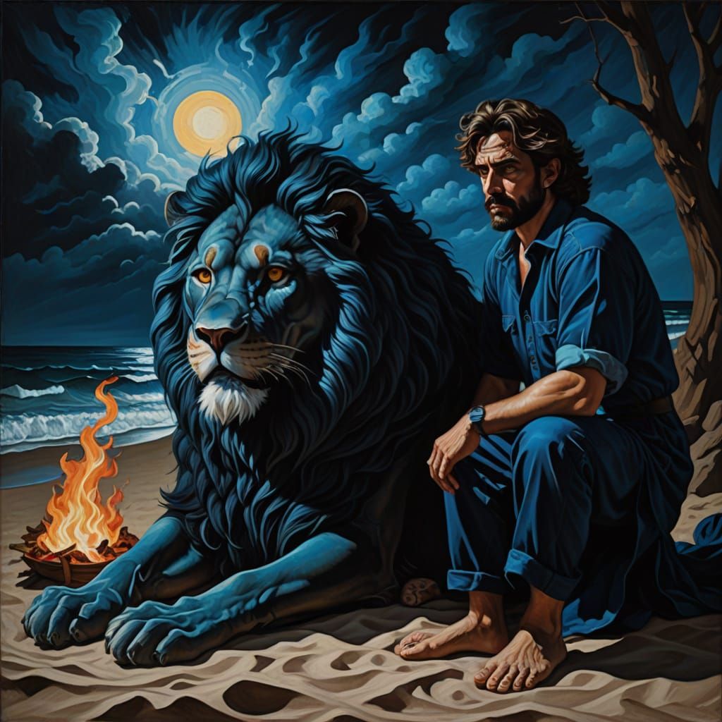 Weary Man with Demon and Lion on Beach