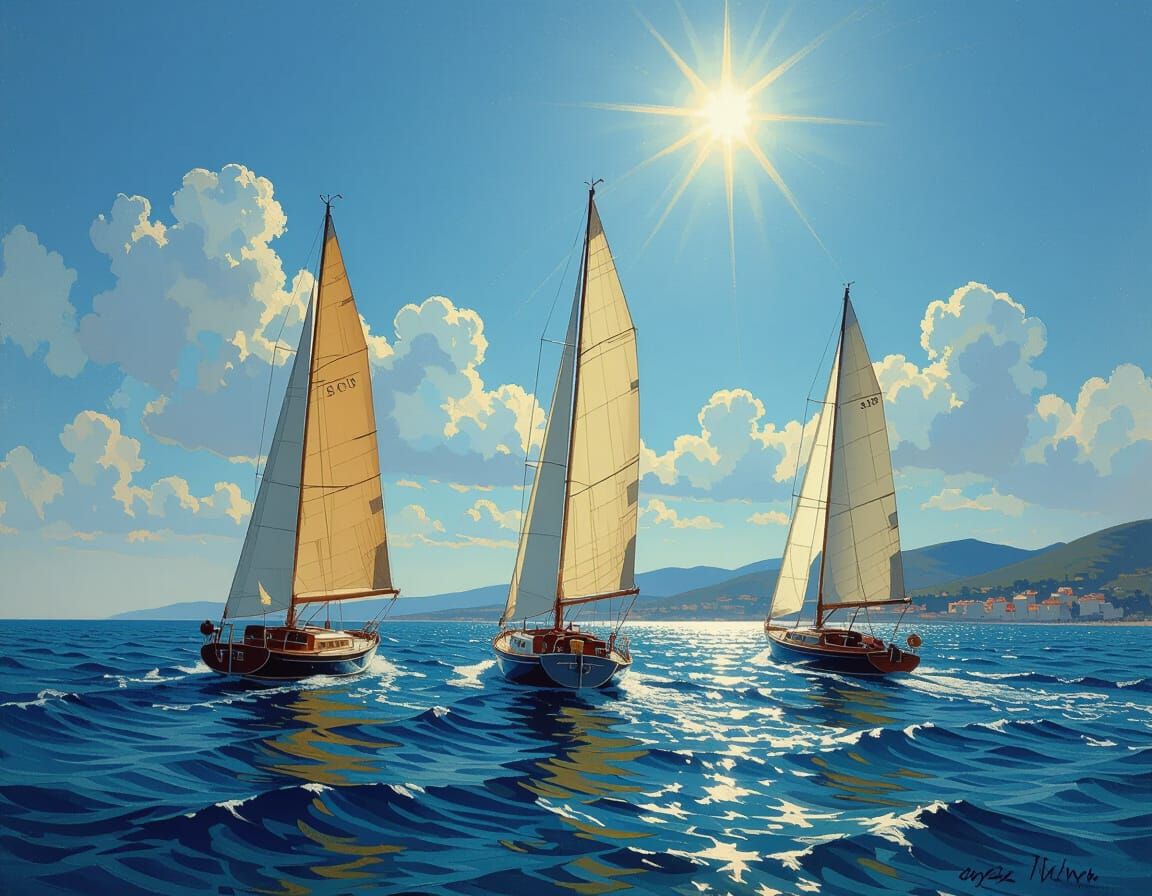 Sailing Yachts on Calm Sea in Marine Art Style