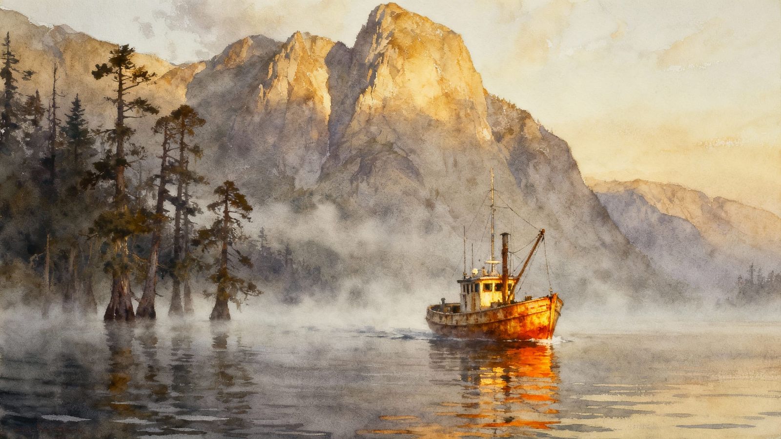 Misty Mountain Lake with Trawler in Golden Light