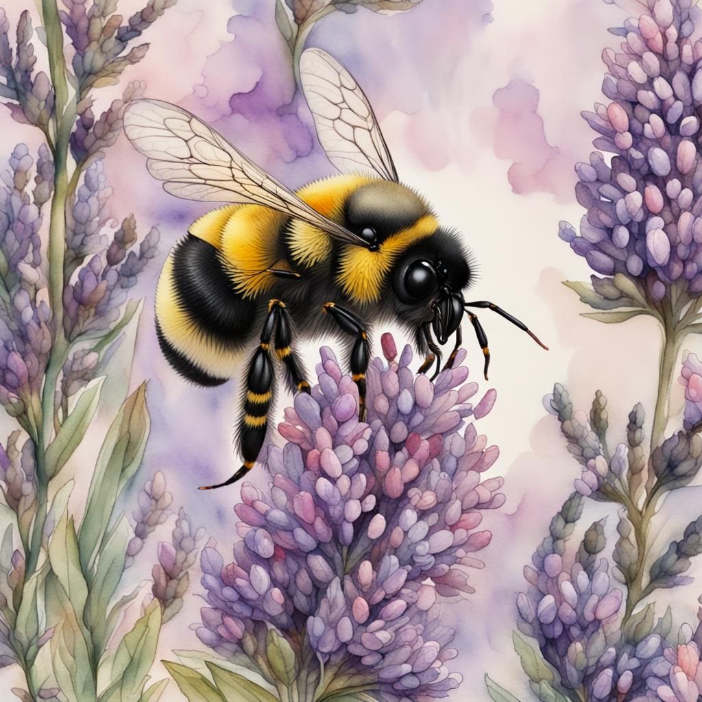 Bumblebee and Lavender in Watercolour Style