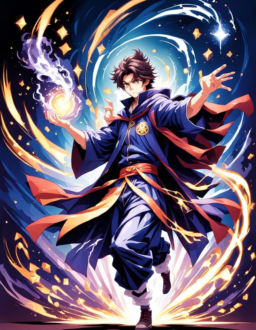 Dynamic Wizard Casting Spell in Manga Style