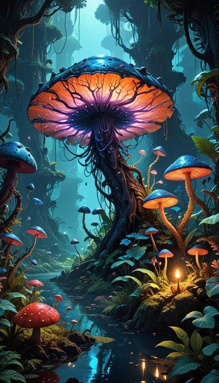 Alien Jungle Explorer: Bioluminescent Flora in Digital Paint...