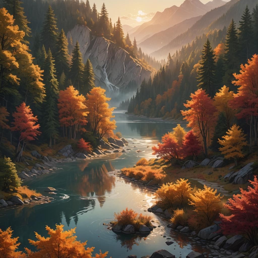 Autumn River Landscape in Hyperrealistic Digital Art