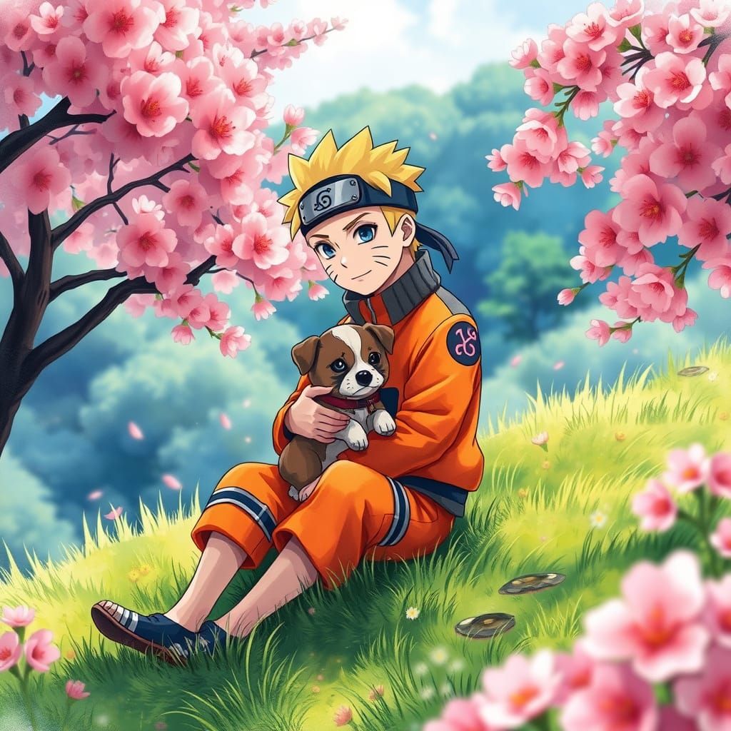 Naruto and a Cherished Puppy in Blossoming Spring