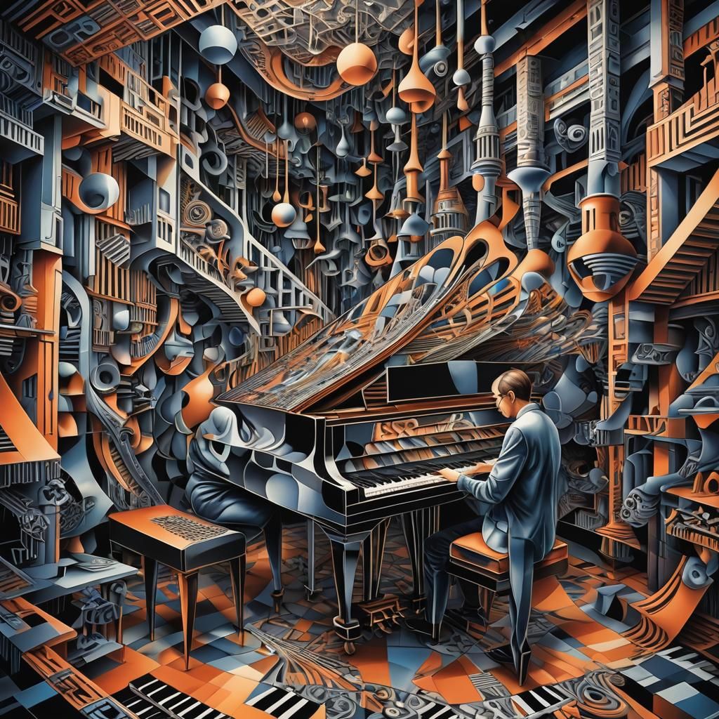 Surreal Invisible Pianist in Geometric Style