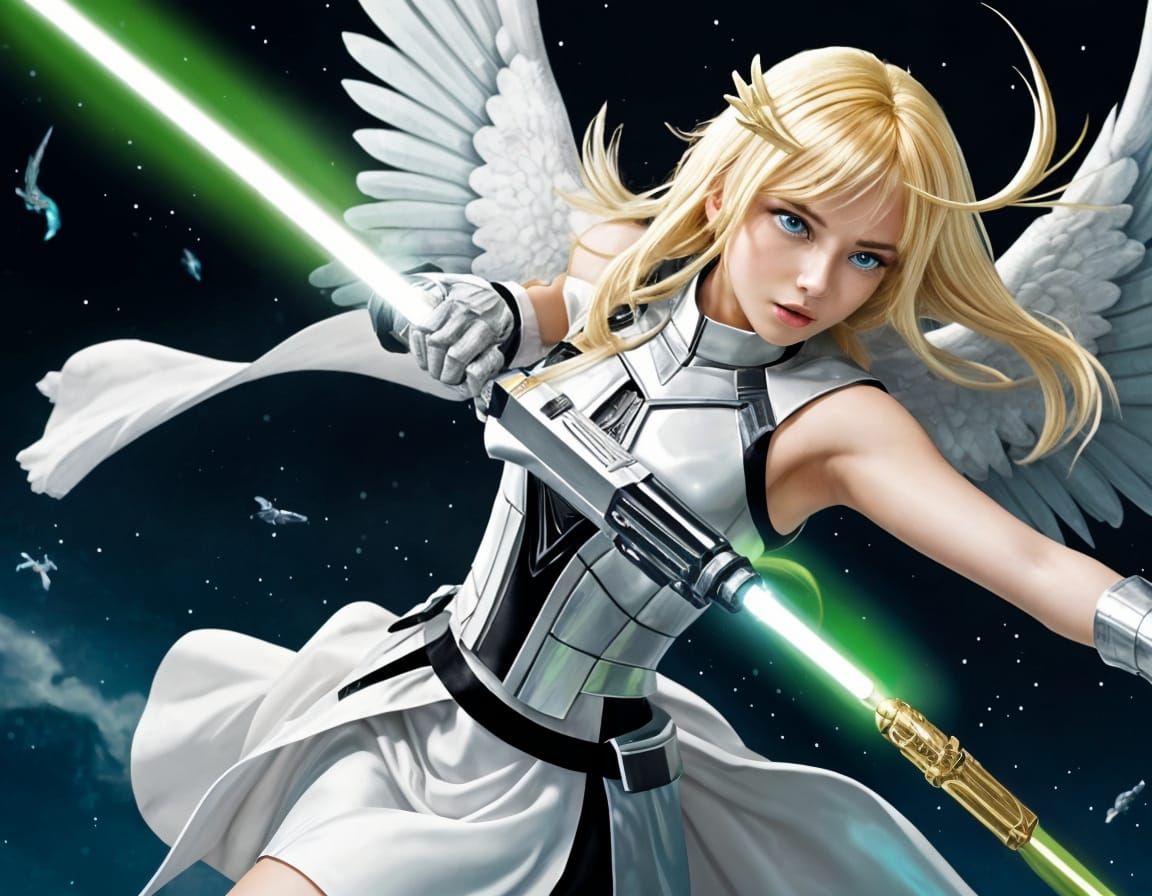 Furious Blonde Goddess Battles Dragon with Lightsaber