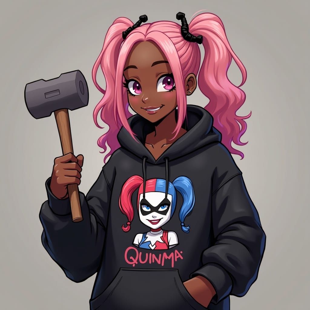 Black Girl With Pink Hair Holds Hammer