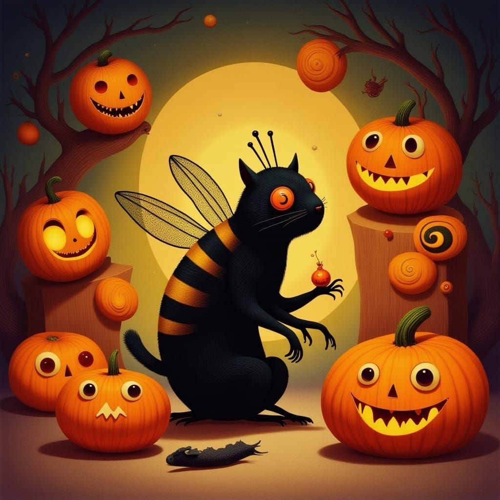 Black Cat in Bee Costume with Jack-o'-Lanterns