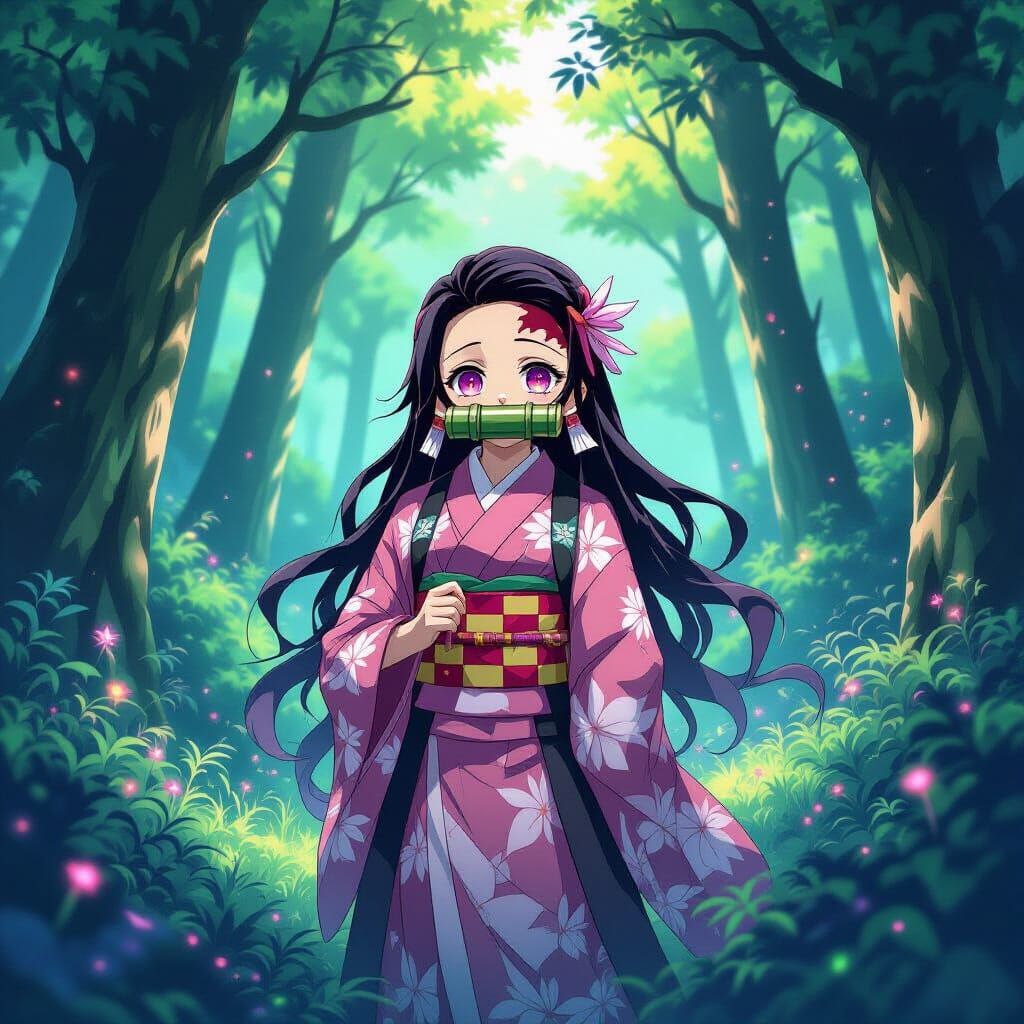 Anime Nezuko in Sun-Dappled Twilight Forest
