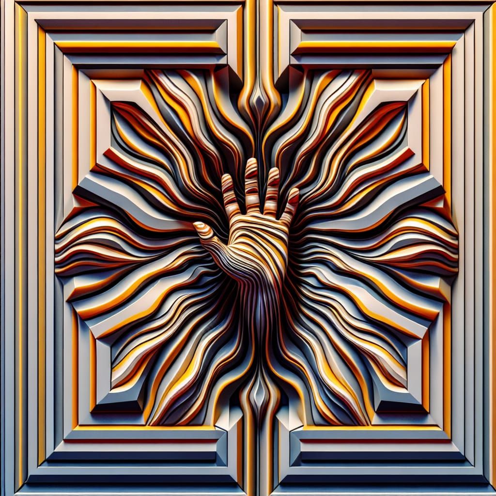 Hand Emerges from Rippling Wall in Metamorphic Style