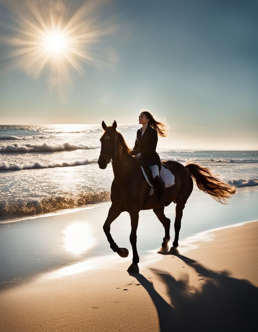 Woman and Horse at the Beach with Sun