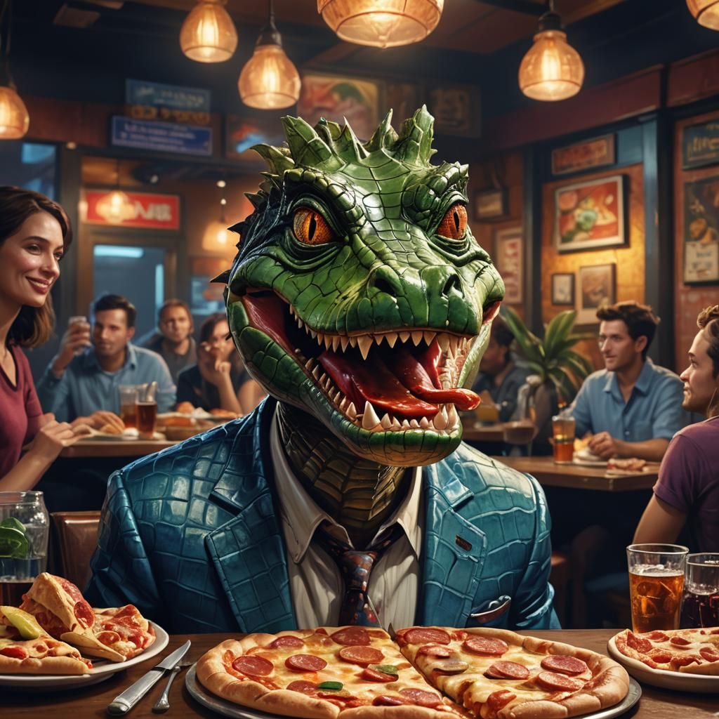 Alligator's Surreal Restaurant Meal: Digital Art