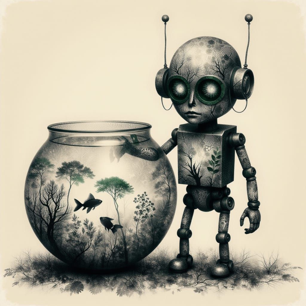Cute Robot Holding a Fishbowl