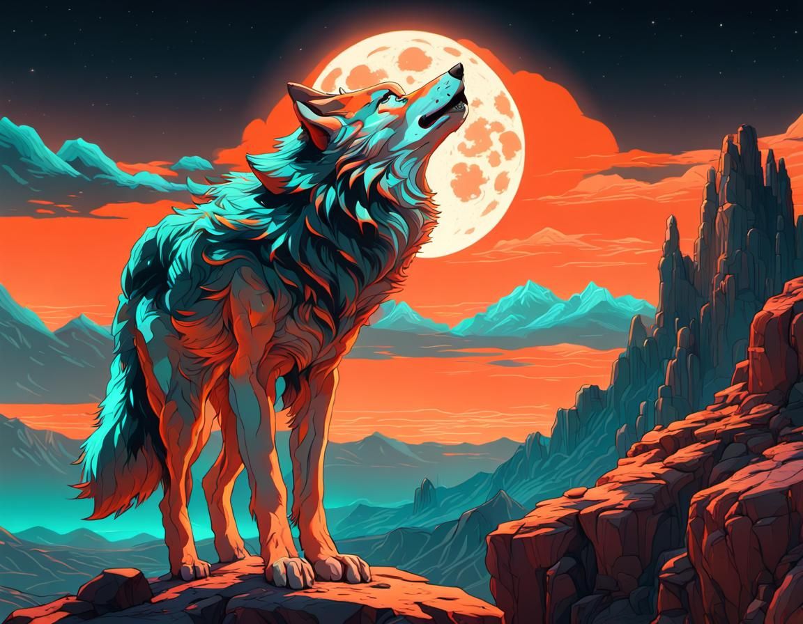 Sci-Fi Anime Wolf Howling at Moon