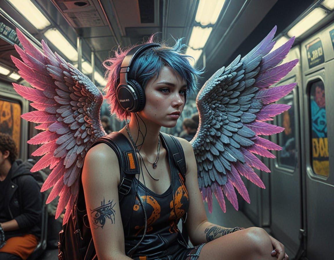 Surreal Punk Rock Angel on Neon Subway Ride