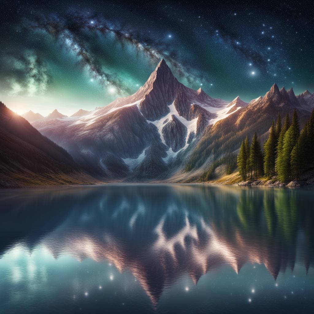 Epic Starry Mountain Lake Digital Matte Painting