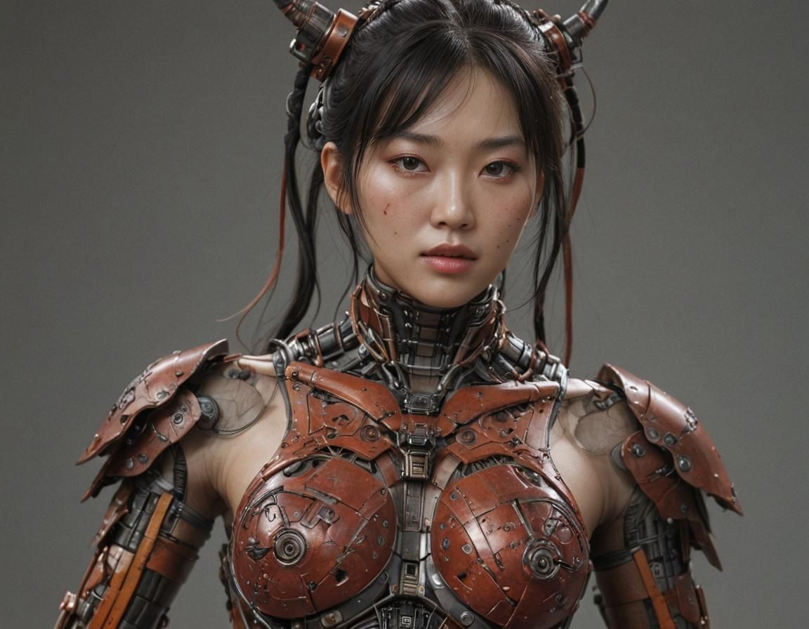 A hyperrealistic, highly detailed 3/4 3d render of a Korean woman who is half human, half samurai android. Her torso has...