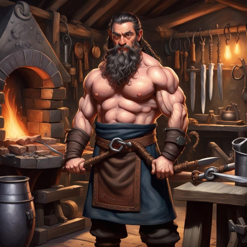 Dwarf Blacksmith Forging Sword in Warcraft Style