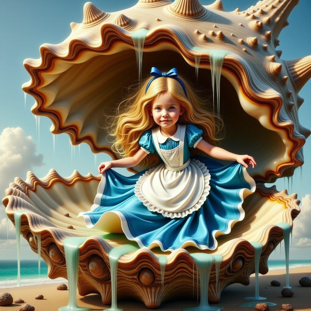 Whimsical Alice Bursts from a Grotesque Seashell in Vibrant....