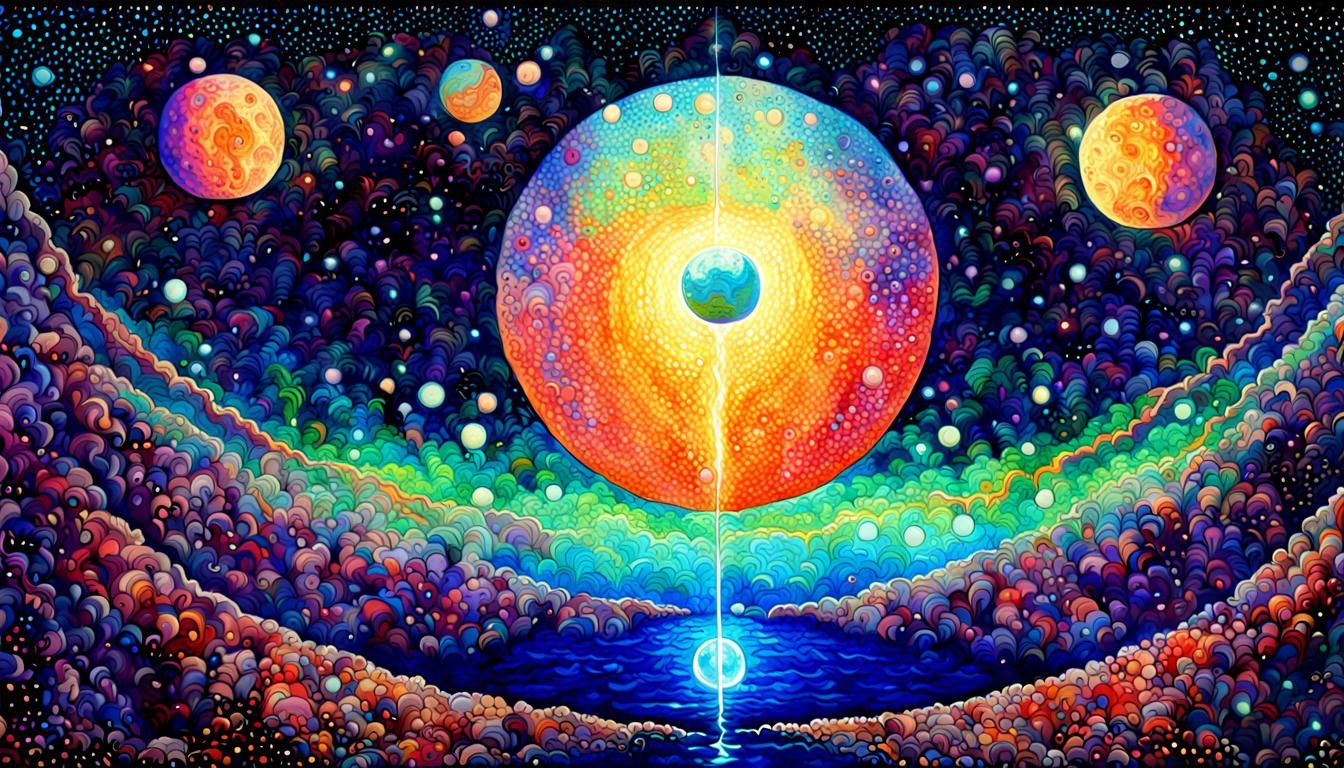 Planet with Two Moons and Spectral Portal in Pointillism