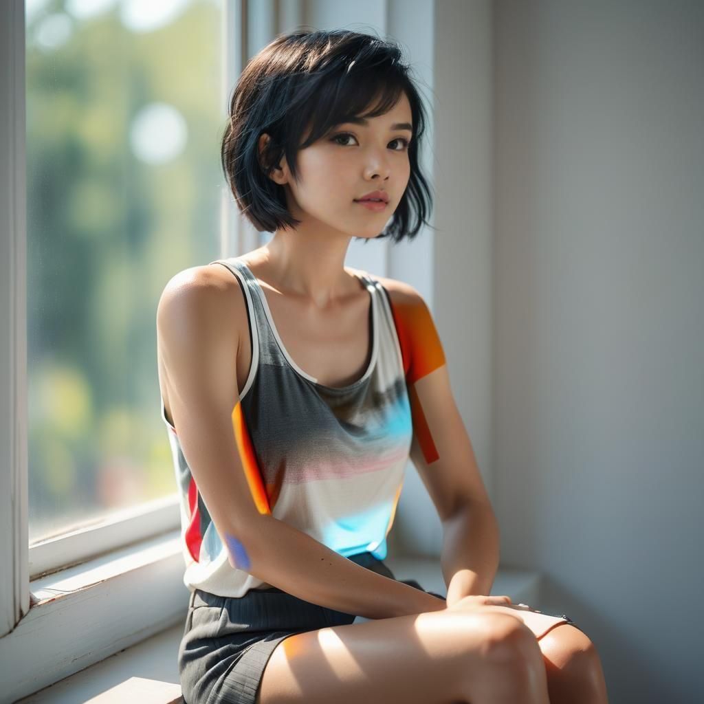 Beautiful Woman with Short Black Hair in Tank Top