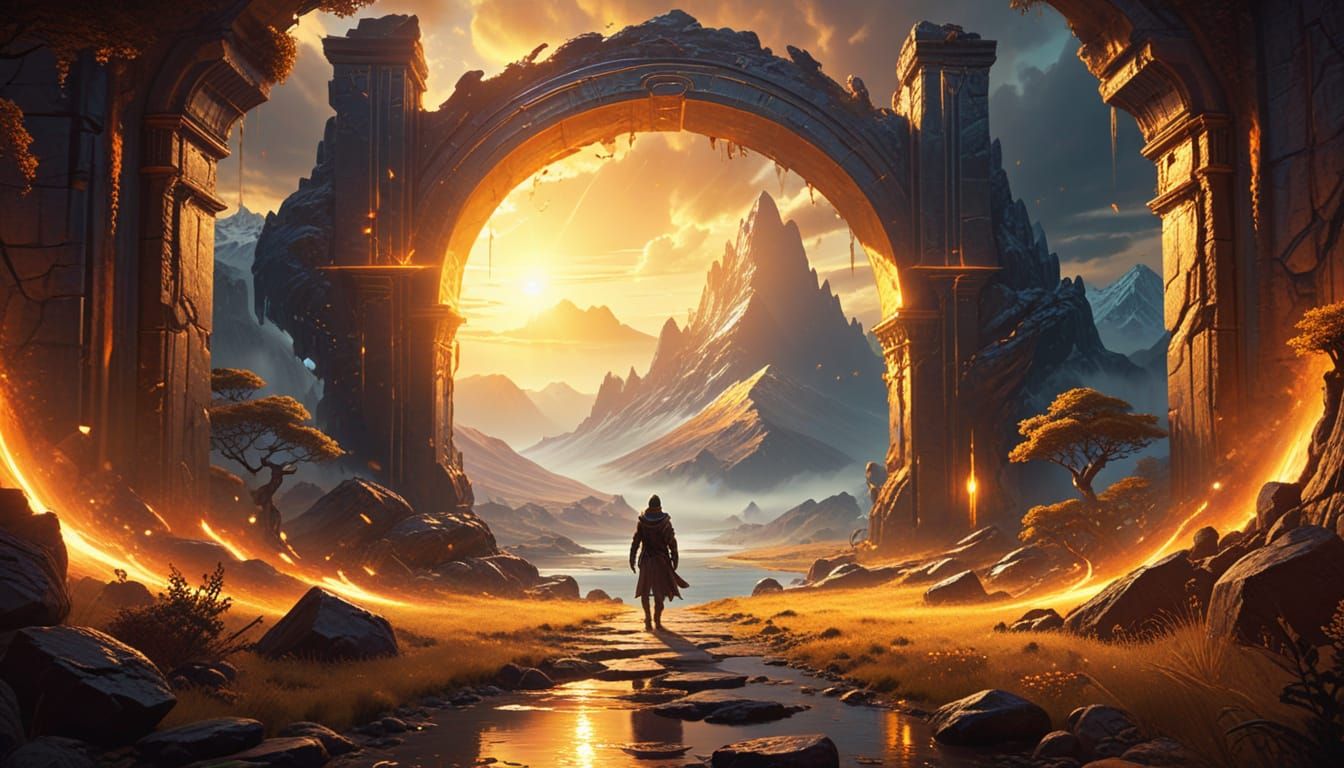 Traveler Arrives in Majestic Fantasy Realm: Digital Art