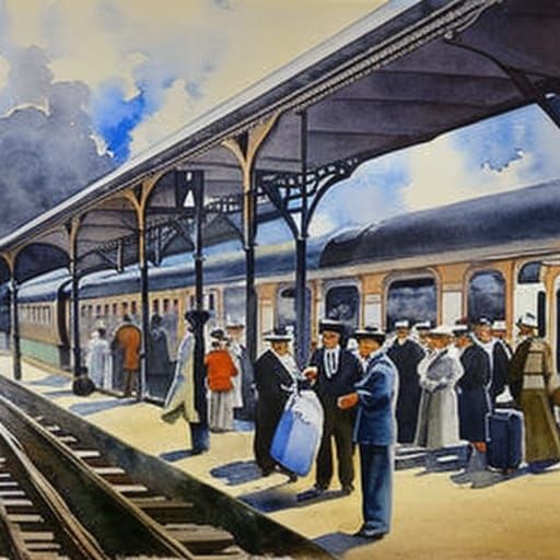 Steam Train at Station: Impressionist Watercolor