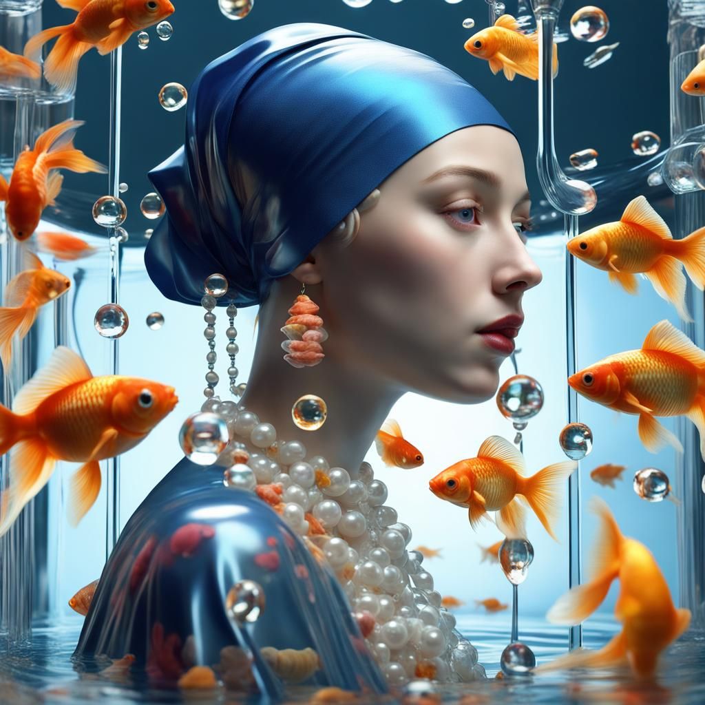 Surreal Girl with Goldfish Dress, Detailed Fantasy Art