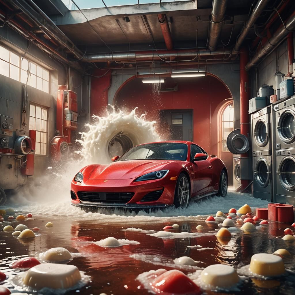 Sports Car in Washing Machine: Surreal Digital Art