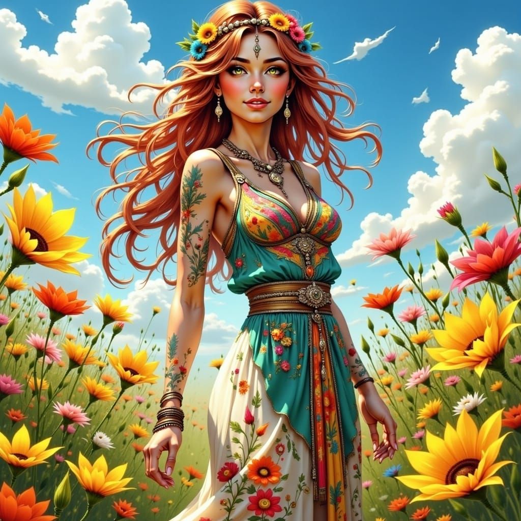 Whimsical Auburn-Haired Woman in Wildflower Meadow