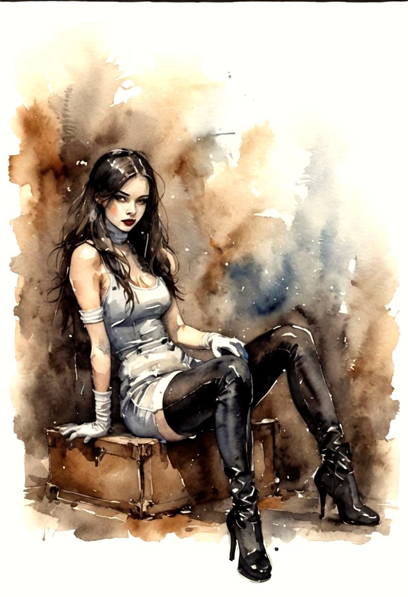 Abstract Watercolor: Girl in Swimsuit, Gloves and Boots