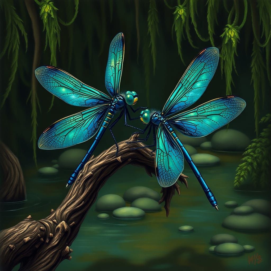 Dragonfly King and Queen in Swamp, Digital Art
