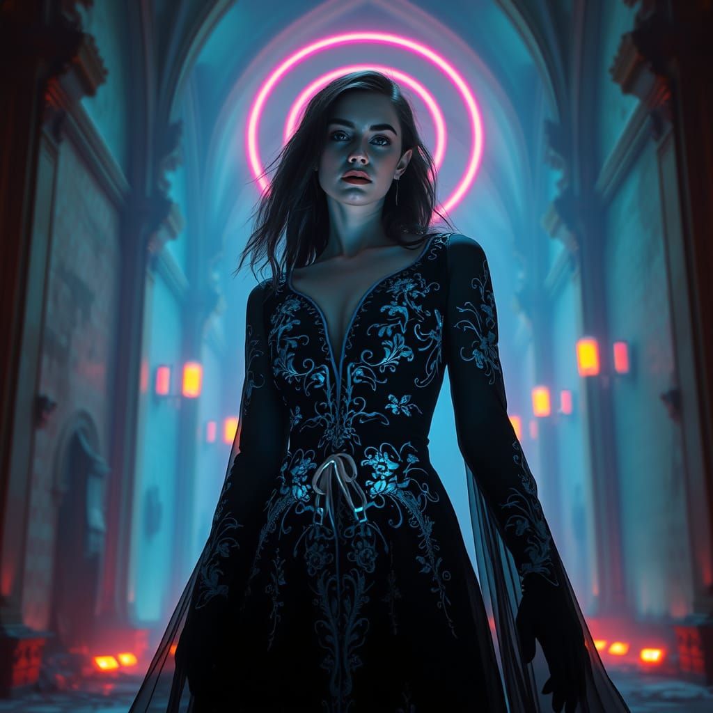 Ethereal Gothic Goddess in Neon Cathedral