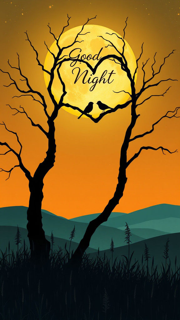 Heart-Shaped Silhouette of Trees Under Moonlight