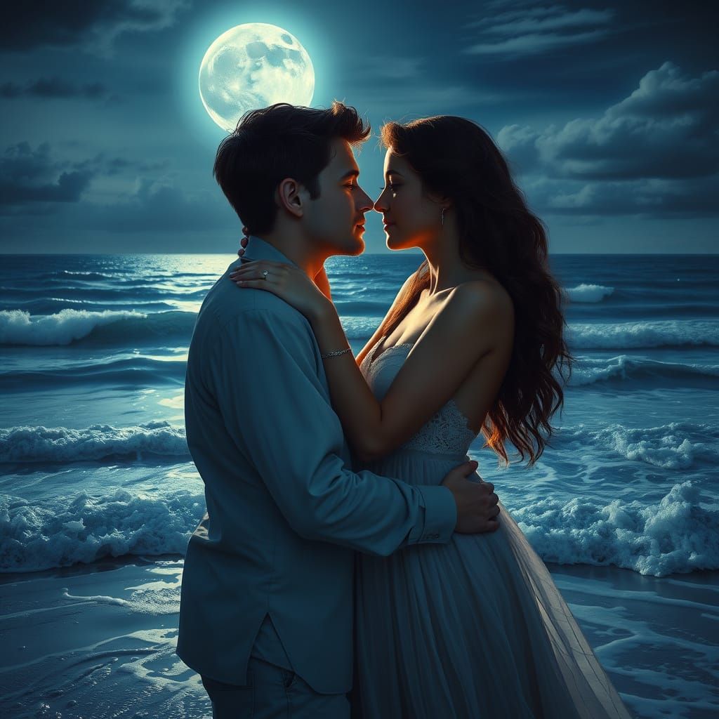 Lovers Embrace Under Full Moon on Surreal Beach