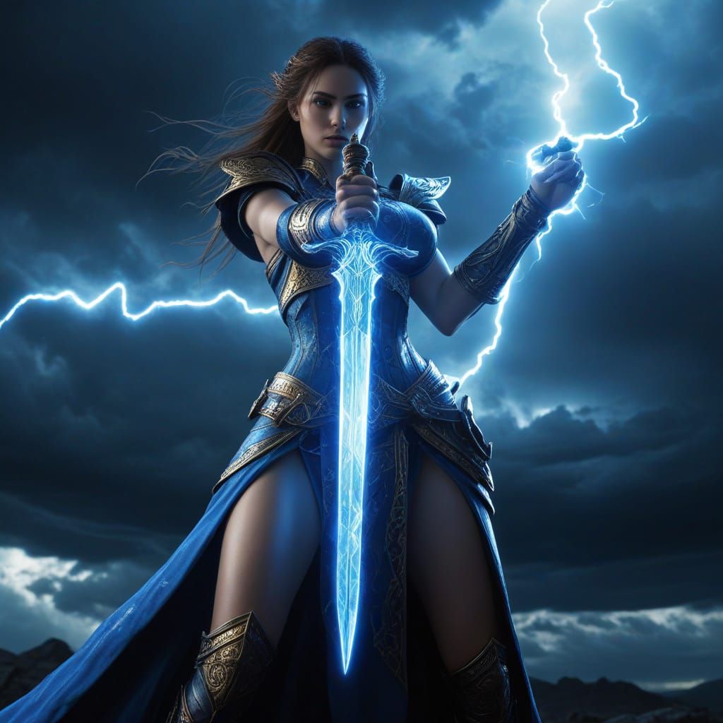 Sorceress Conjures Arcane Sword in Fantasy Art Style