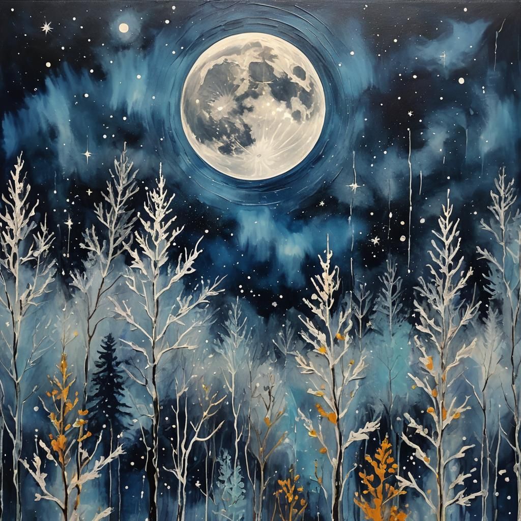 Abstract Stars and Moon Against Blue Night