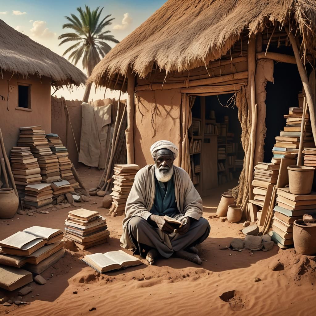 Mauritanian Village Elder with Books, Hyperrealistic Matte P...