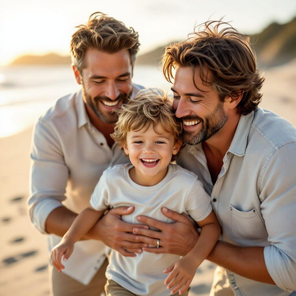 Wholesome Family Beach Photo: Two Dads and Son Laughing