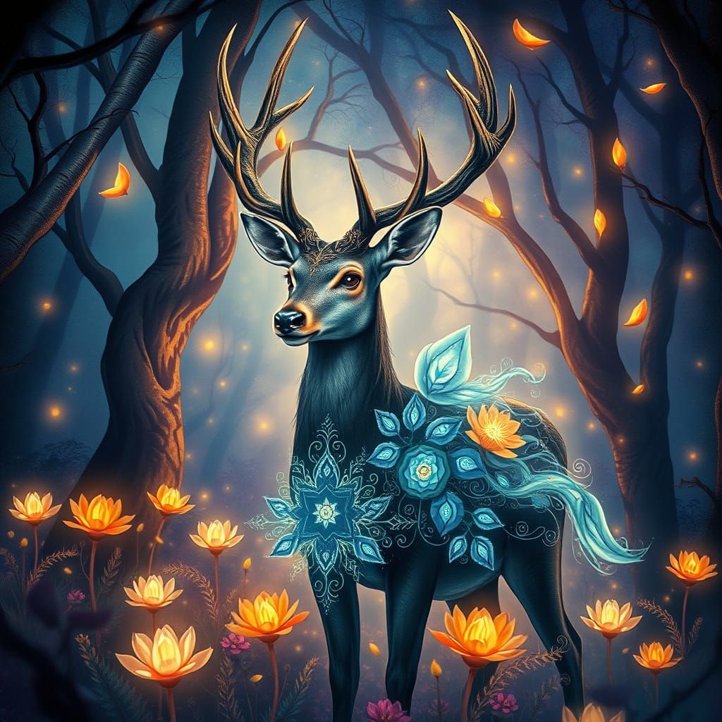 Mystic Deer in Whimsical Forest as Ink Painting