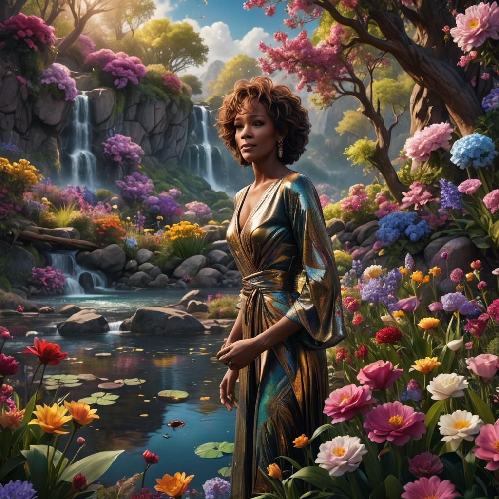 Whitney Houston in Enchanted Floral Landscape