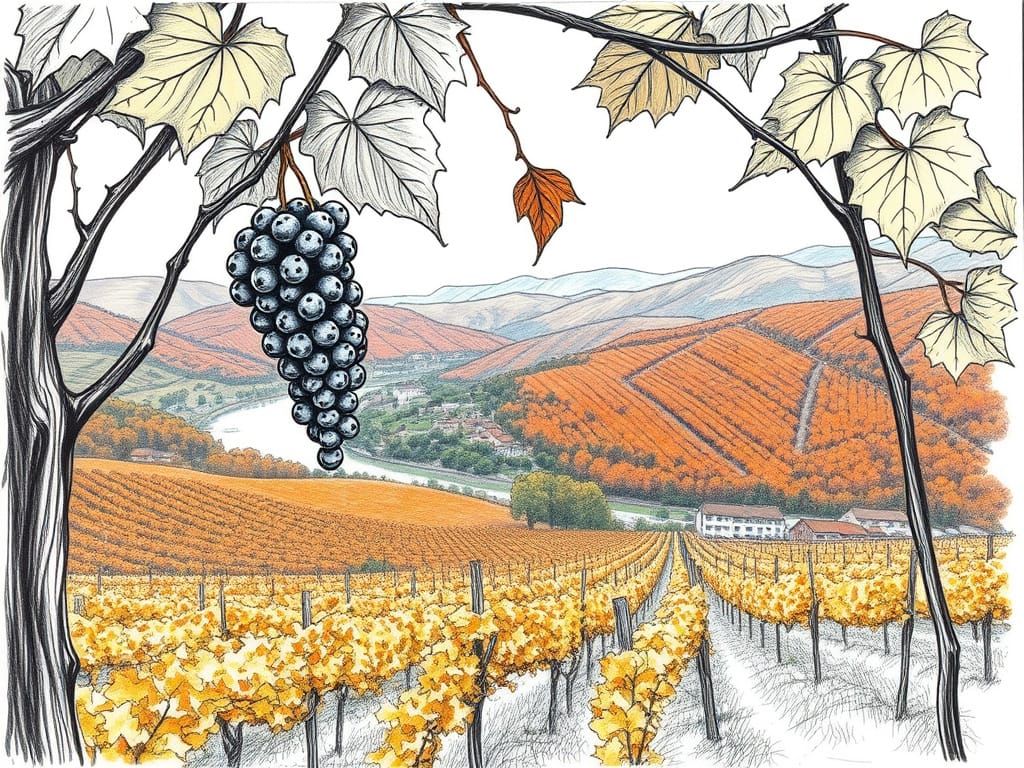 Autumn Vineyard Scene in Pencil-Drawn Style