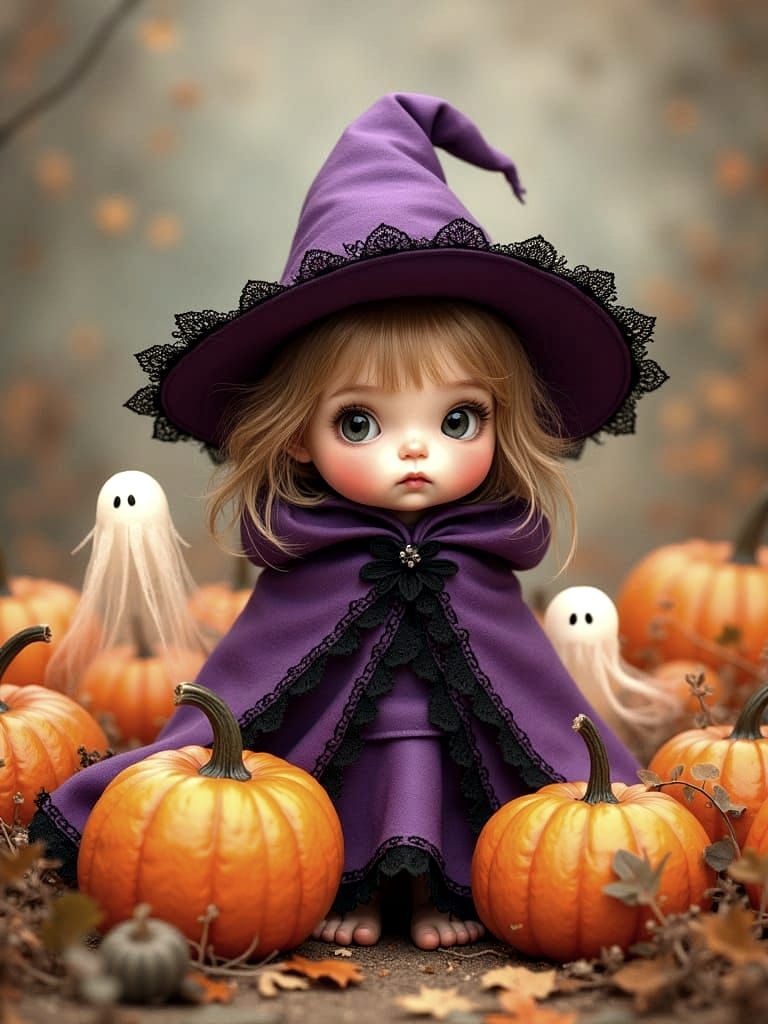 Cute Baby Witch with Pumpkins and Ghosts