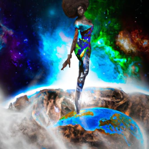 Ethereal African Woman on Floating Earth in Space