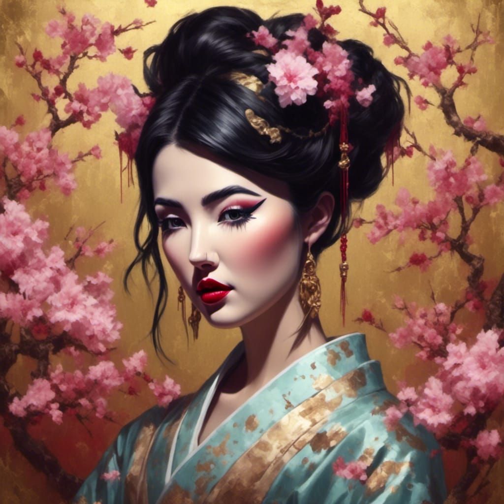 Gothic Geisha with Cherry Blossoms in Gold Foil Style