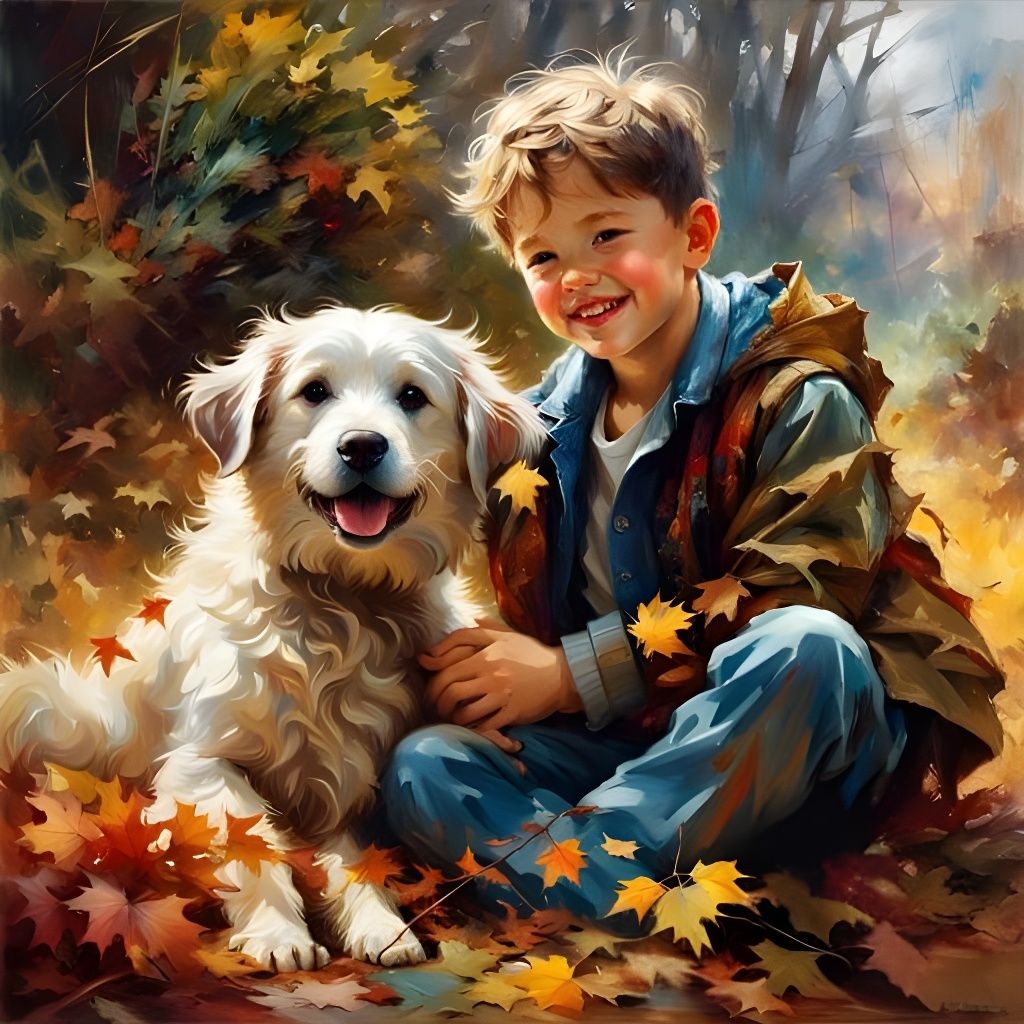 Boy and Dog Embrace in Autumnal Landscape