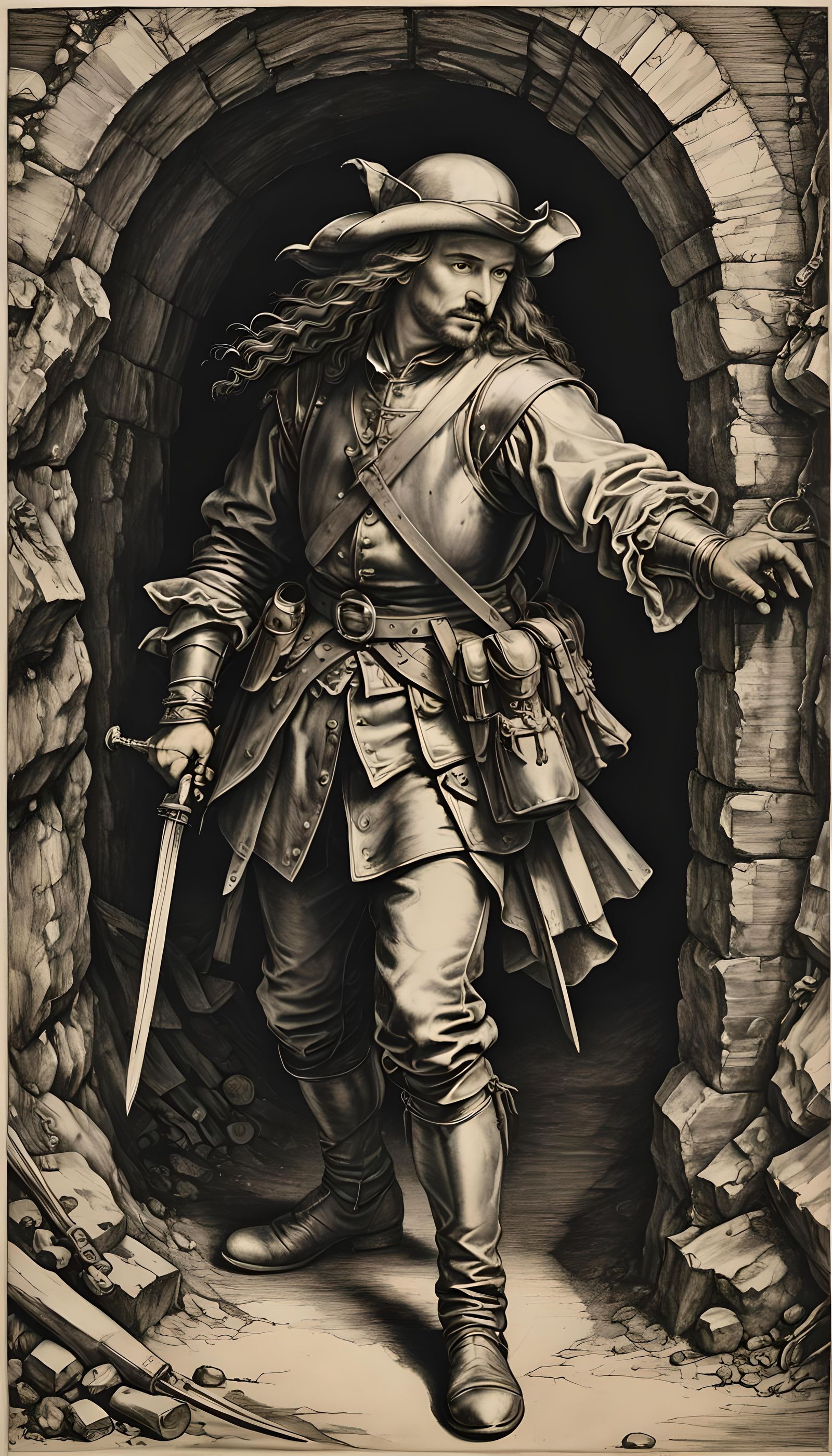 Musketeer's Fight in Mine, Charcoal Drawing