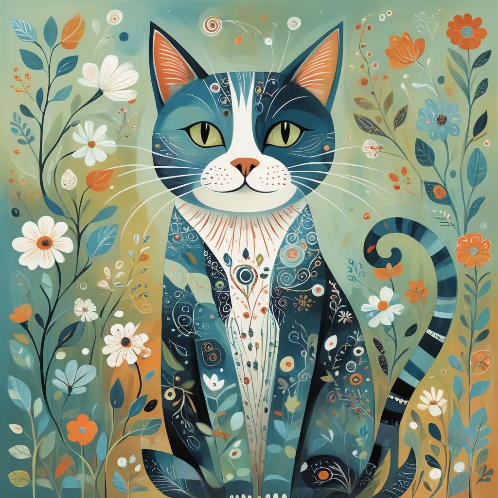 Colorful Whimsical Cat in Mid-Century Style