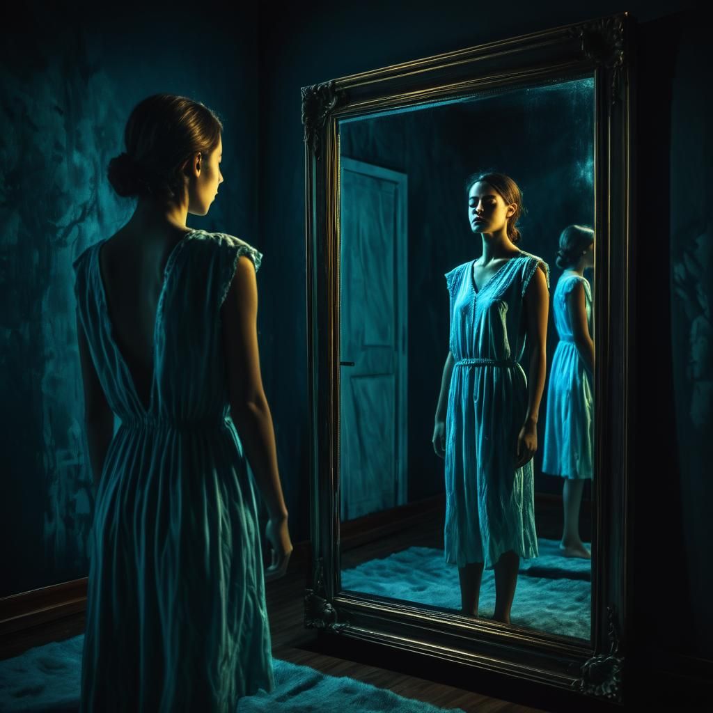 Sleepwalking Woman and Mirror Reflection in Magic Realism