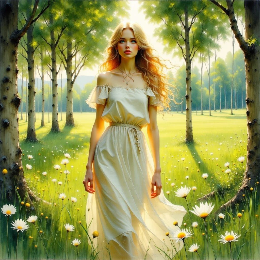 Woman Calling in Meadow: Pre-Raphaelite Style